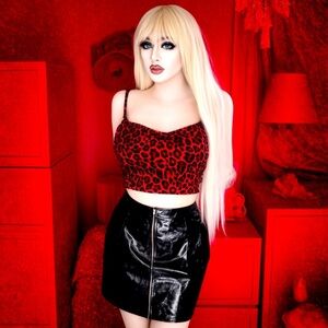 Shein Red Cheetah Print Faux Leather Top